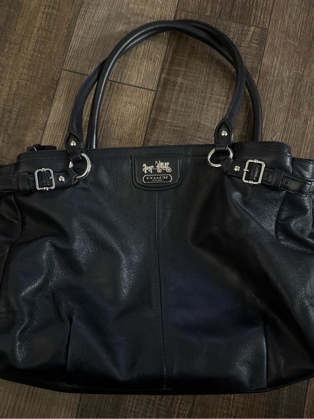Coach Black Leather Messenger Tote with Silver Hardware
